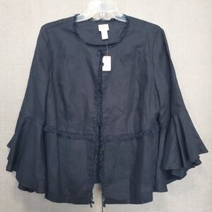 Chico's Black Linen Bell Sleeve Fringe Accent Jacket Size 1 Medium NWT Witchy